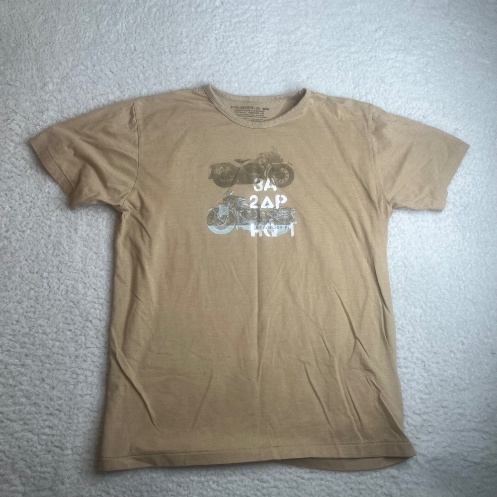 Alpha Industries Mens XL Tan Motorcycle Graphic T-Shirt Military Style Khaki Tee